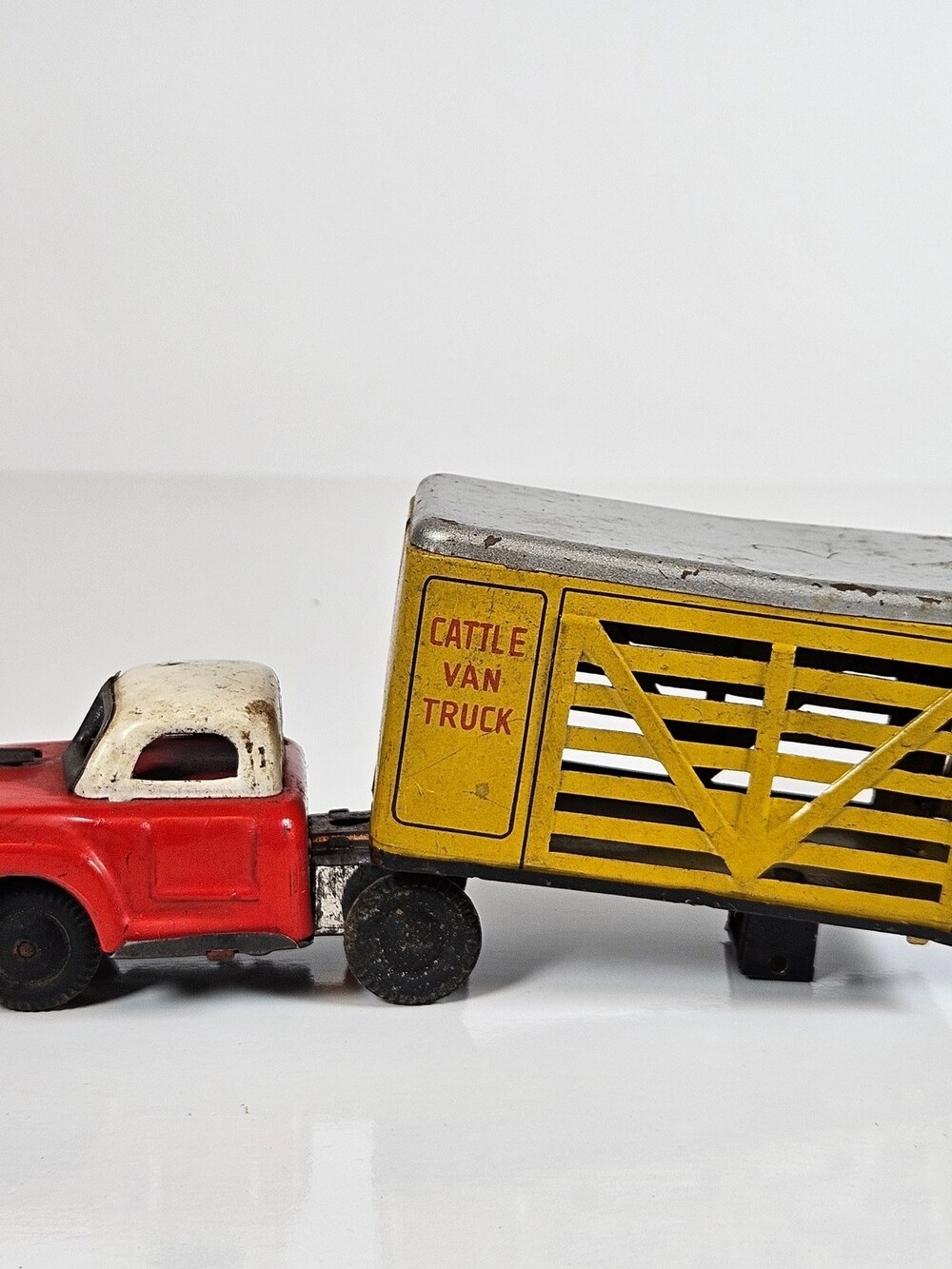 Vintage Japan Tin Lithograph Cattle Van Truck Toy Red Yellow